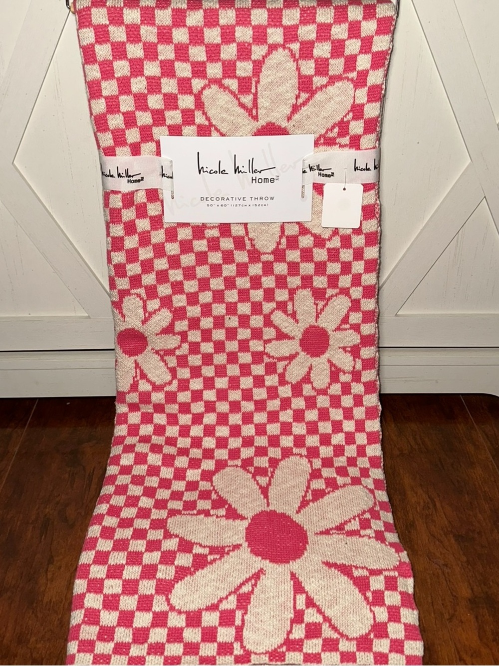 Nicole Miller Pink Checkered Daisy Decorative Throw Blanket